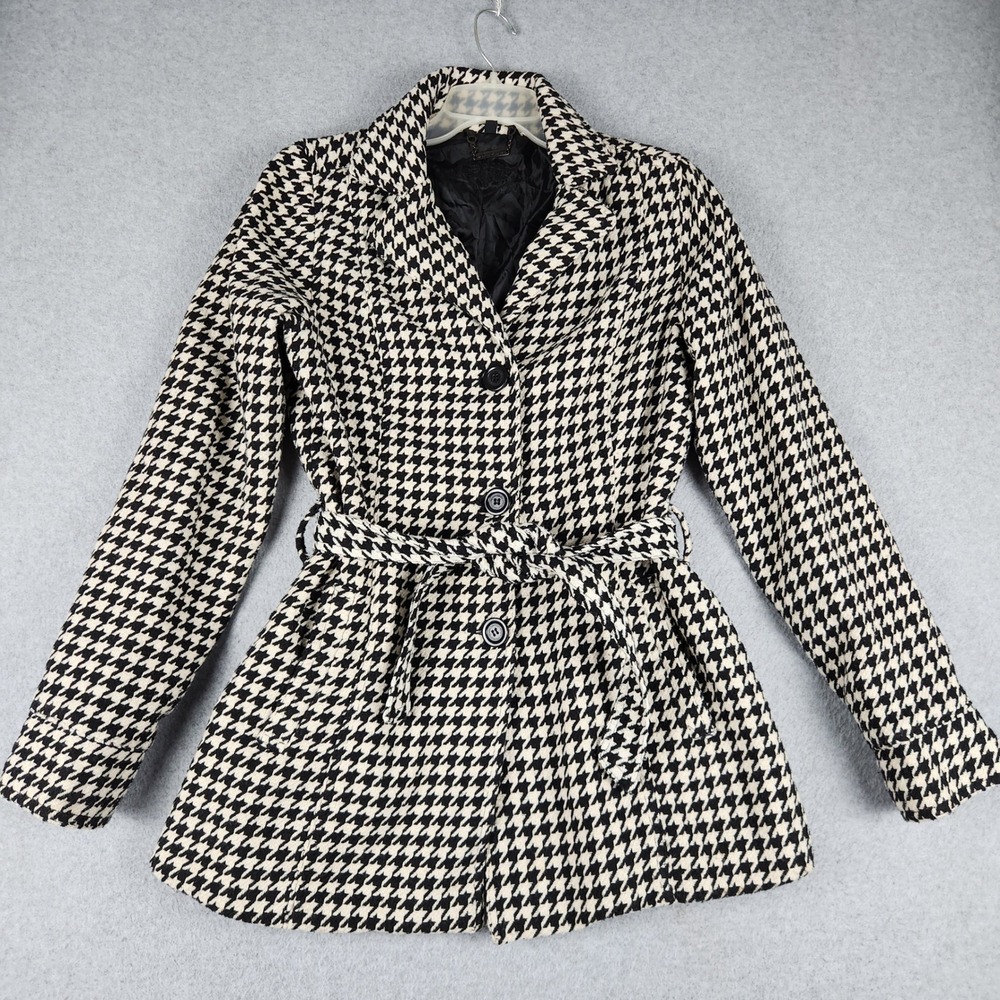 Joujou Trench Coat Womens Large Black White Houndstooth‎ Belted Single Breasted